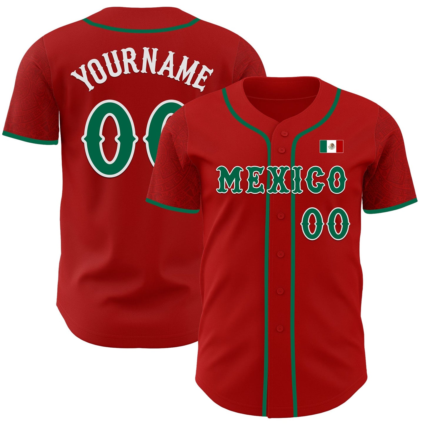 Custom Red Kelly Green-White 3D Mexico Mexican Flag Authentic Baseball Jersey - Main View