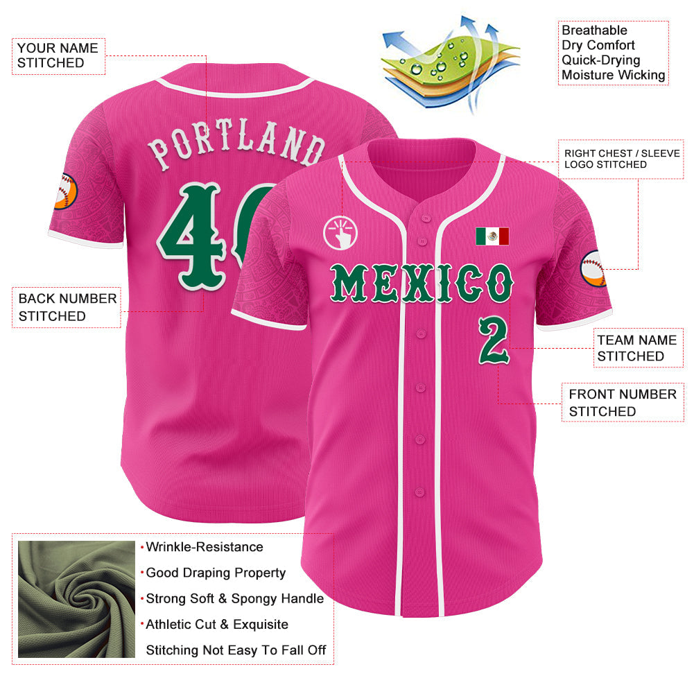Custom Pink Kelly Green-White 3D Mexico Mexican Flag Authentic Baseball Jersey view 3