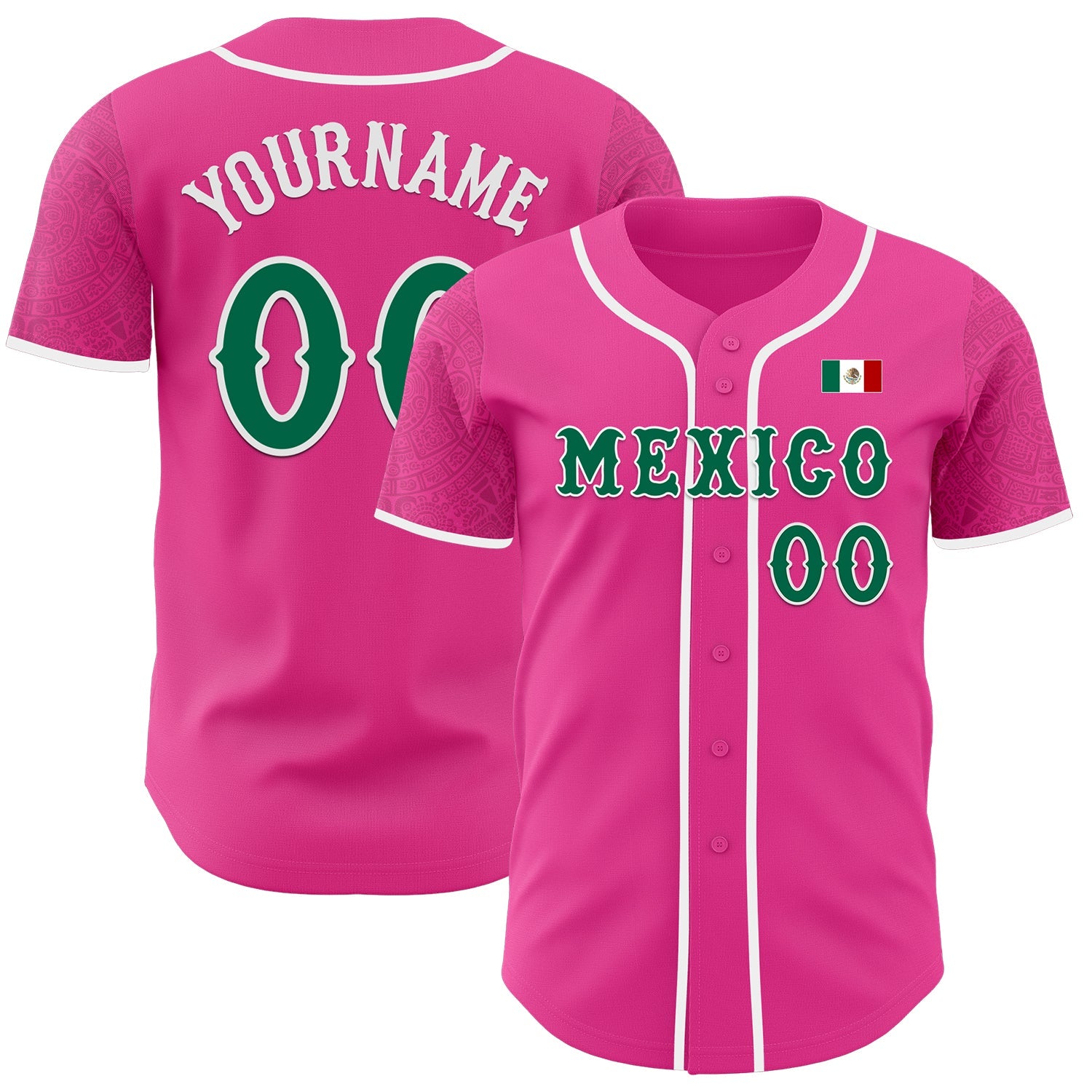 Custom Pink Kelly Green-White 3D Mexico Mexican Flag Authentic Baseball Jersey - Main View
