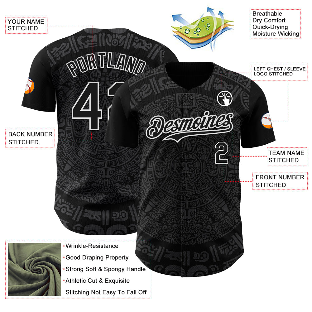 Custom Black Gray-White 3D Mexico Authentic Baseball Jersey view 3
