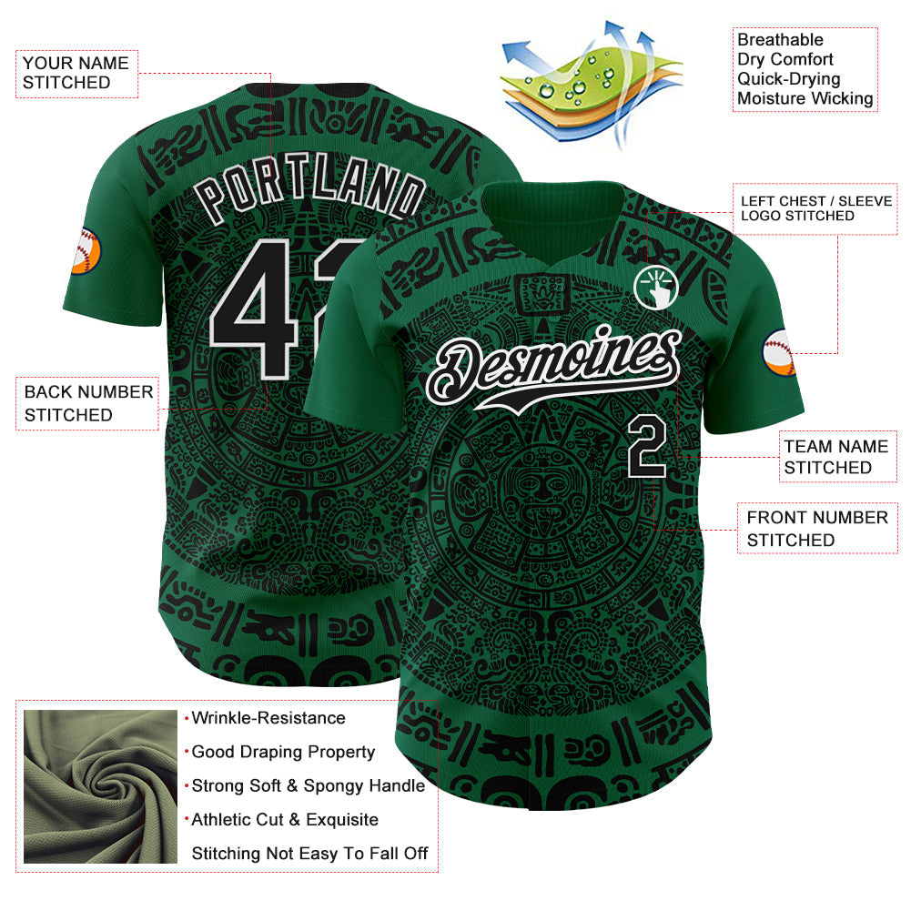 Custom Kelly Green Black-White 3D Mexico Authentic Baseball Jersey view 3