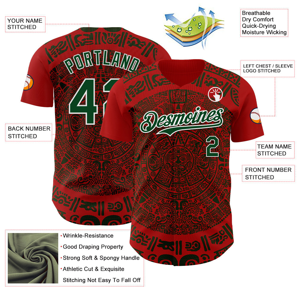 Custom Red Green-White 3D Mexico Authentic Baseball Jersey view 3