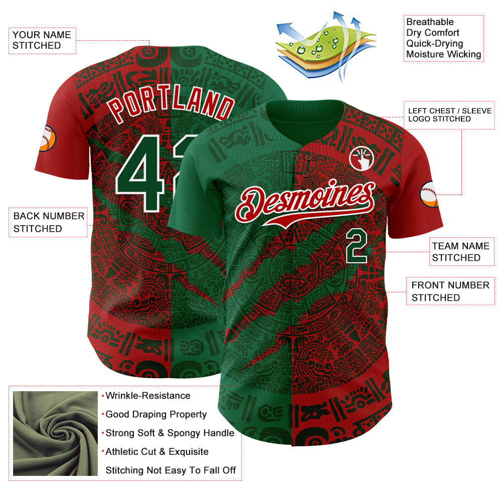 Custom Red Green Kelly Green-White 3D Mexico Scratch Authentic Baseball Jersey view 3
