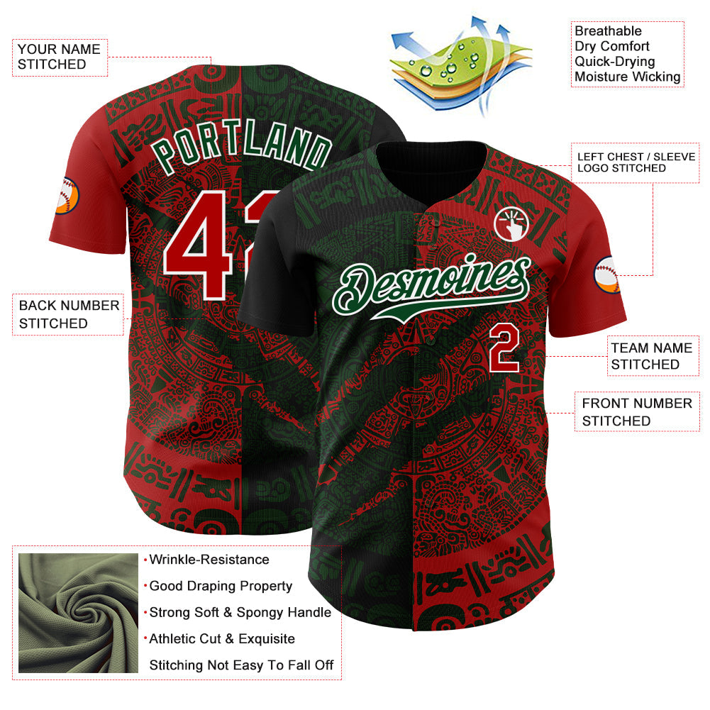 Custom Red Green-White 3D Mexico Scratch Authentic Baseball Jersey view 3