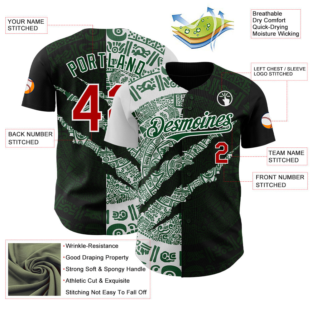 Custom Black Red Green-White 3D Mexico Scratch Authentic Baseball Jersey view 3