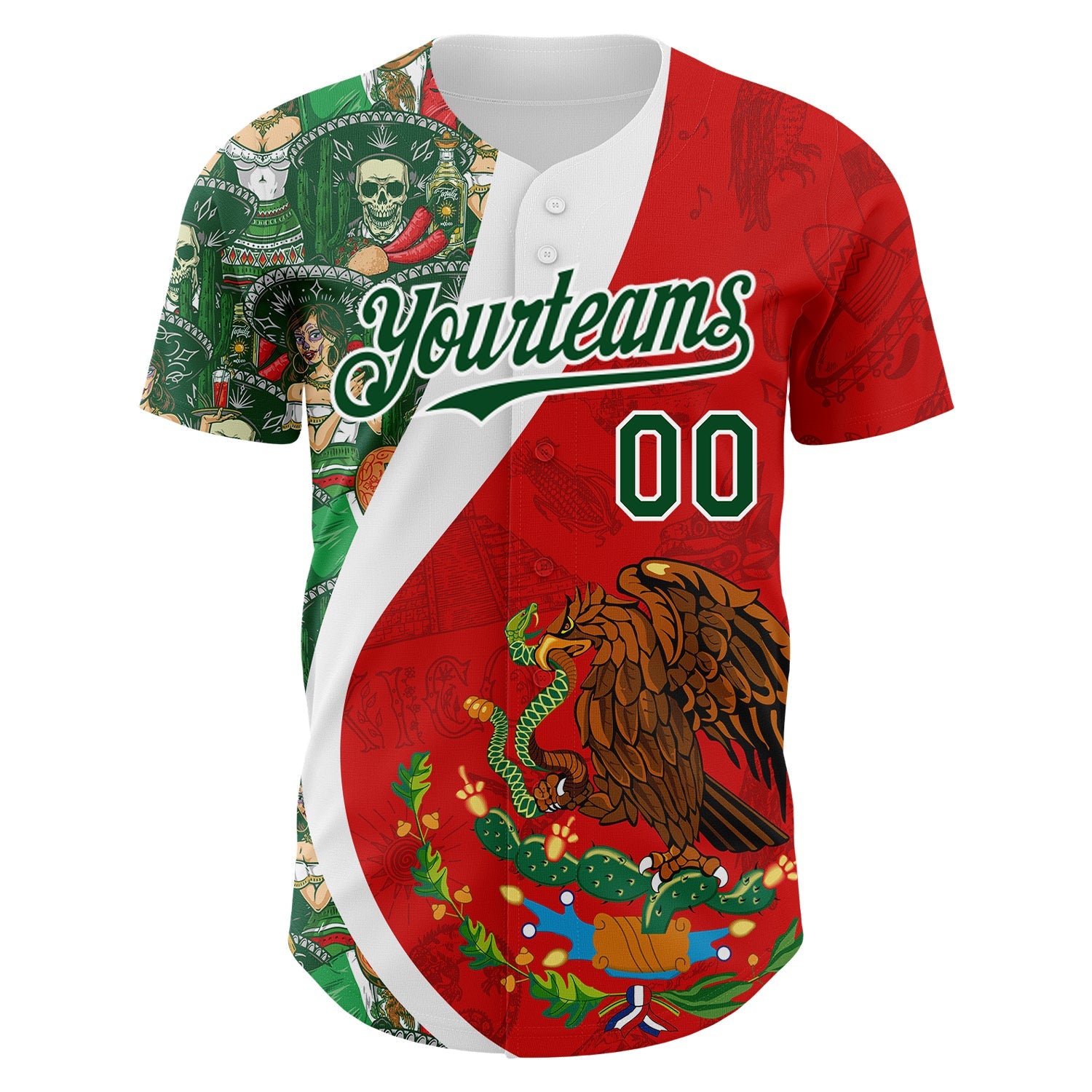 Custom Red Green-White 3D Mexico Authentic Baseball Jersey view 2
