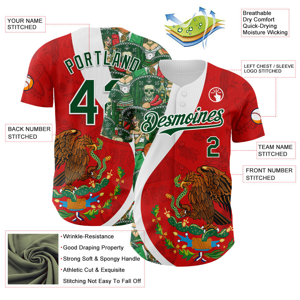 Custom Red Green-White 3D Mexico Authentic Baseball Jersey view 3