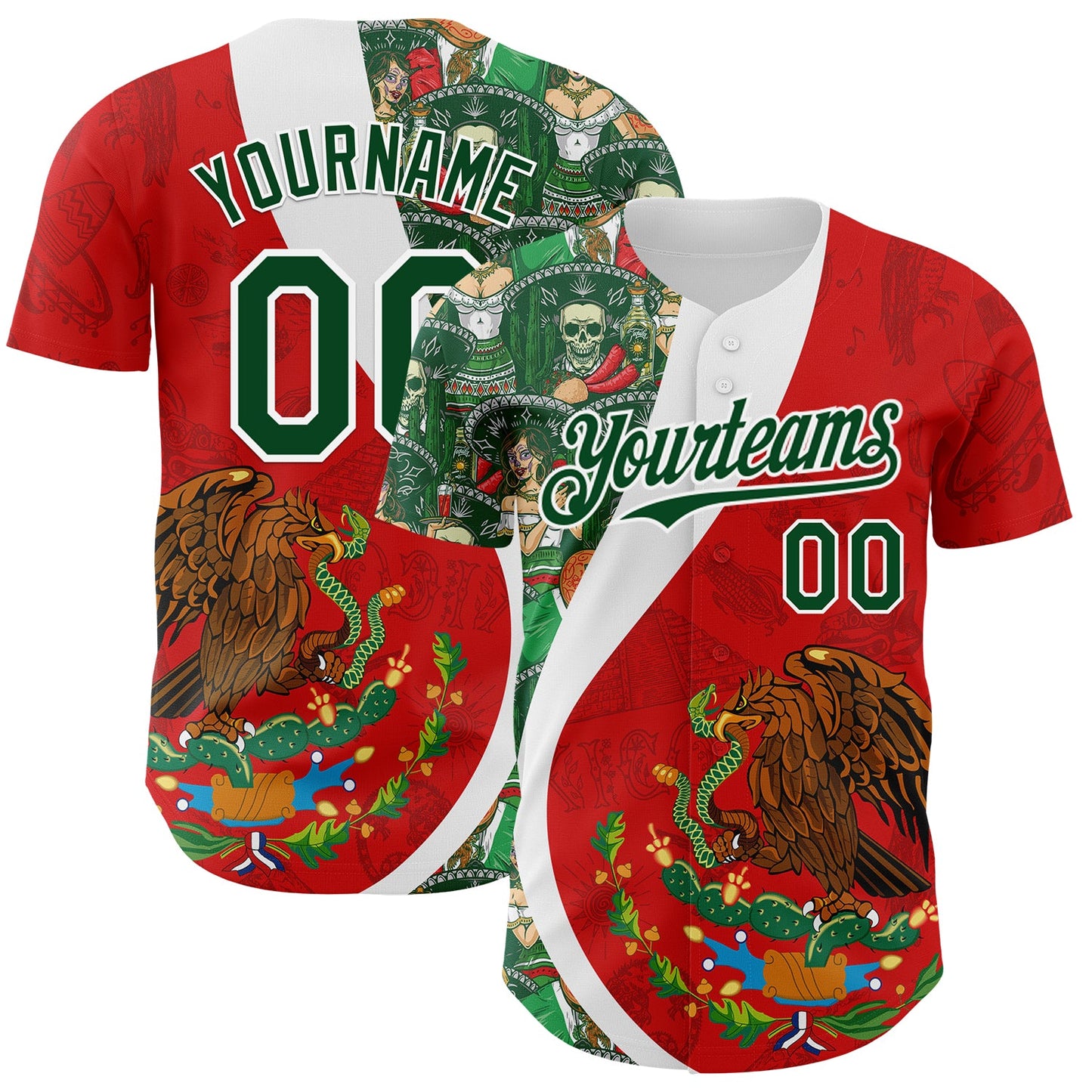 Custom Red Green-White 3D Mexico Authentic Baseball Jersey - Main View
