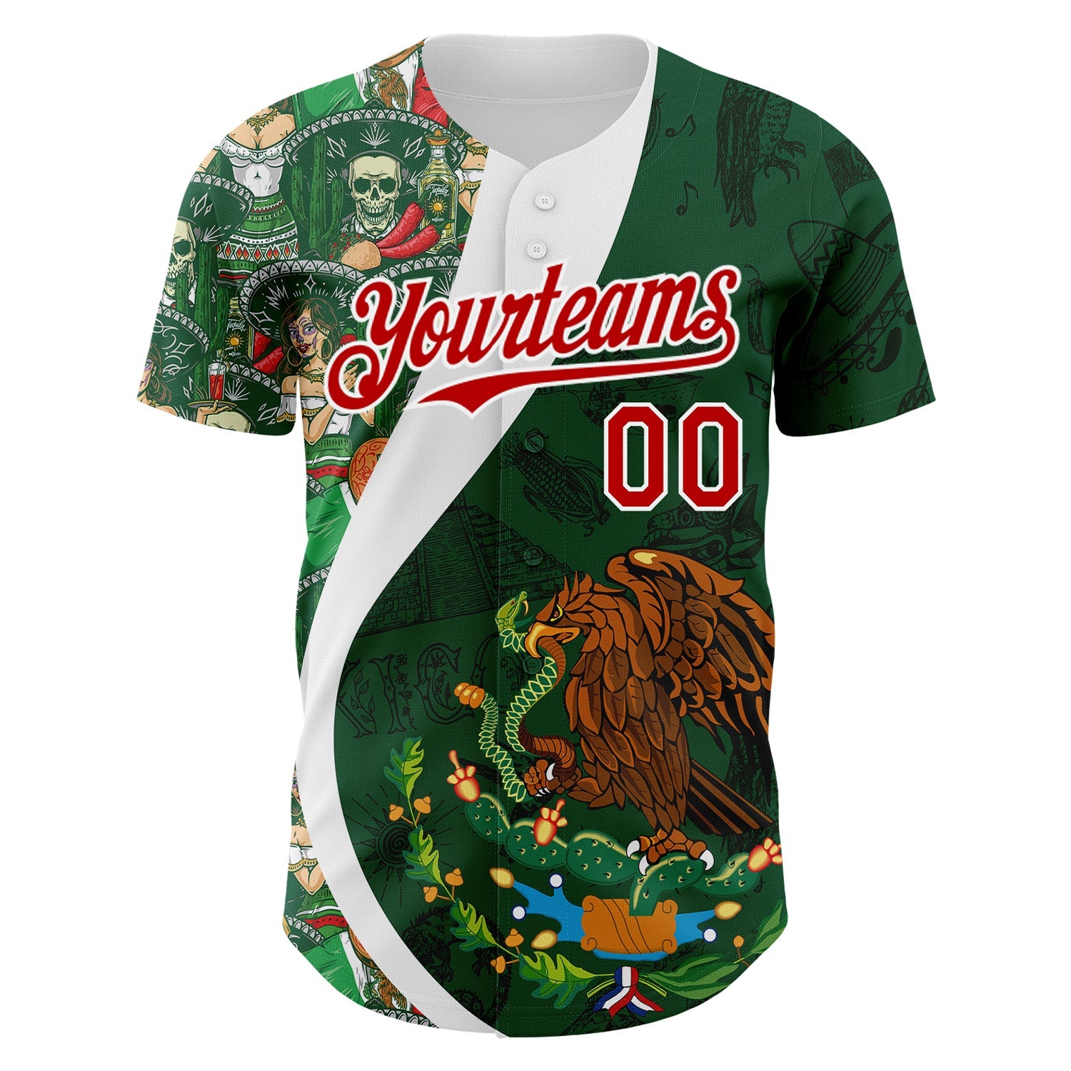 Custom Green Red Kelly Green-White 3D Mexico Authentic Baseball Jersey view 2