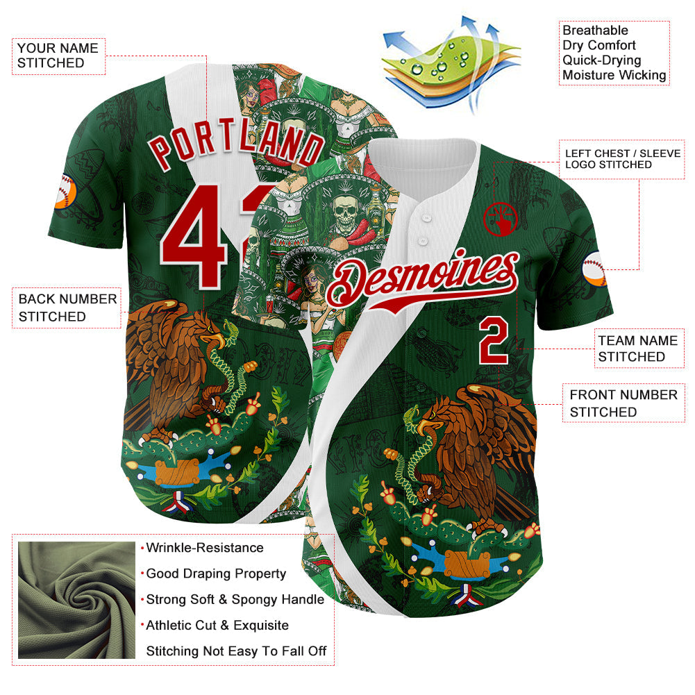 Custom Green Red Kelly Green-White 3D Mexico Authentic Baseball Jersey view 3