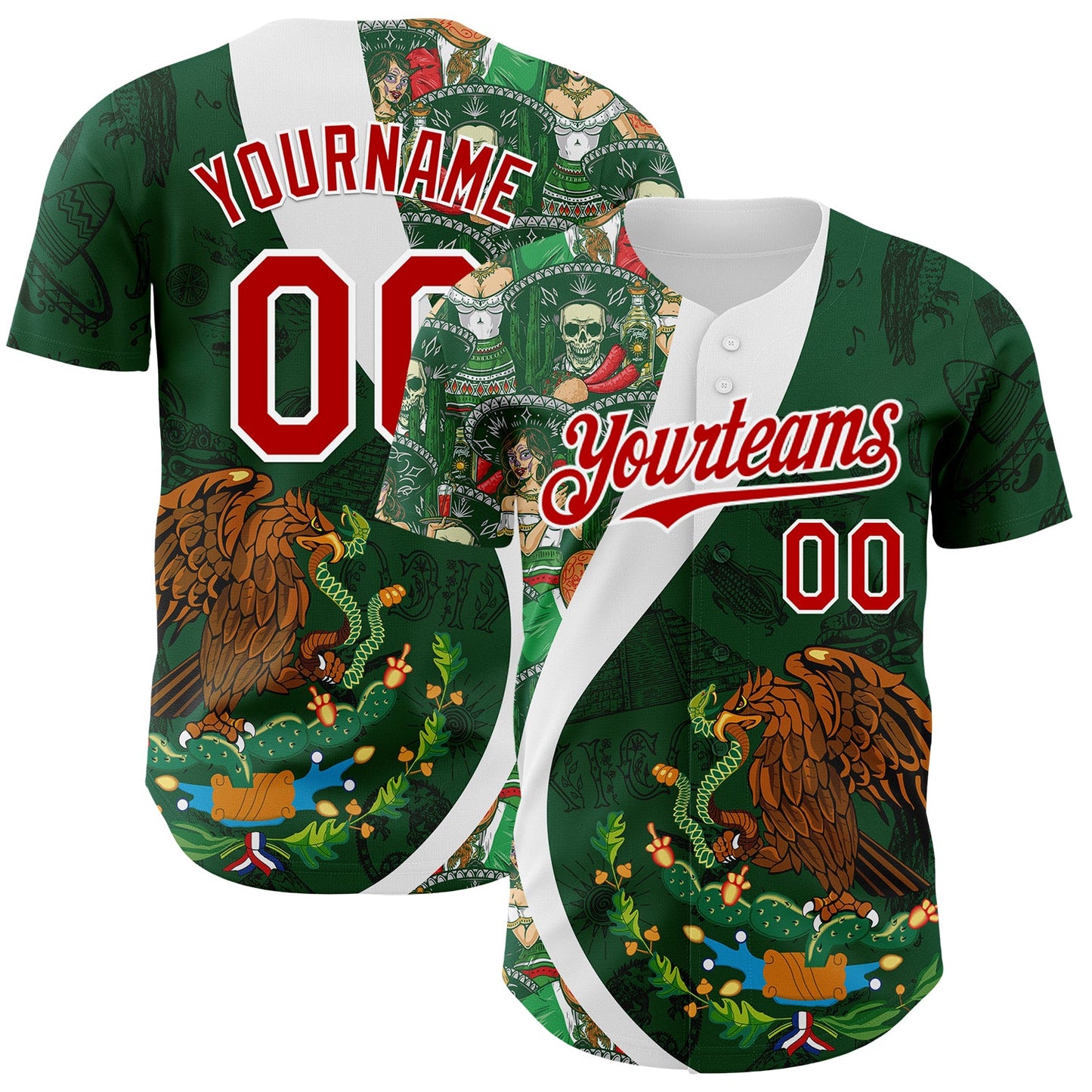 Custom Green Red Kelly Green-White 3D Mexico Authentic Baseball Jersey - Main View