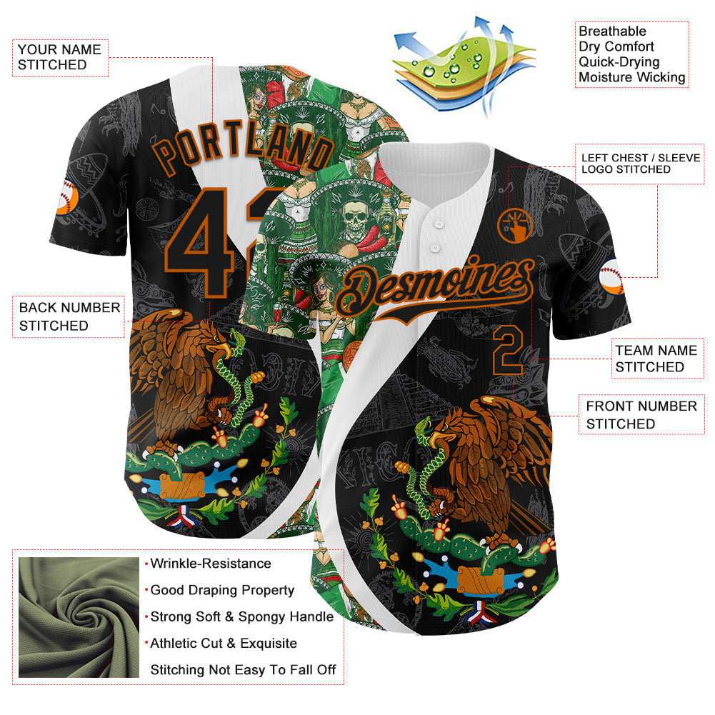 Custom Black Kelly Green Texas Orange-White 3D Mexico Authentic Baseball Jersey view 3