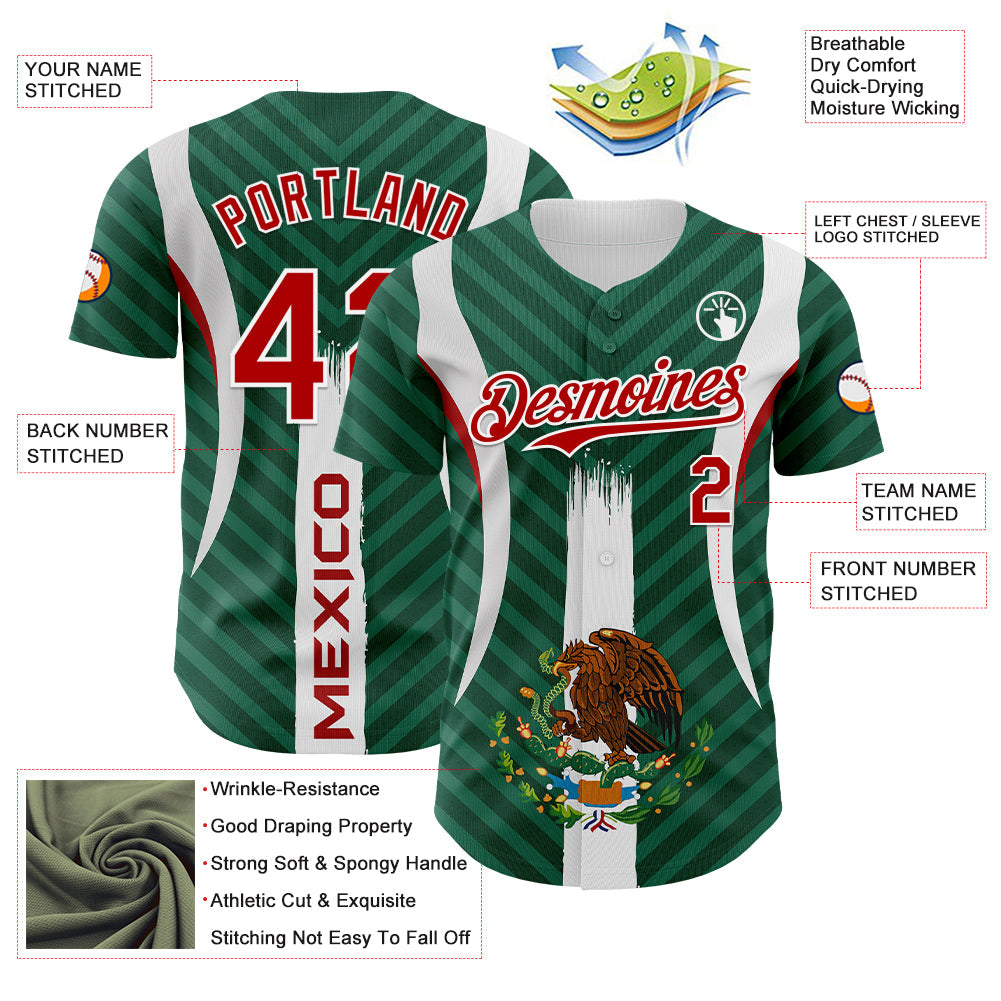 Custom Green Red Kelly Green-White 3D Mexico Authentic Baseball Jersey view 3