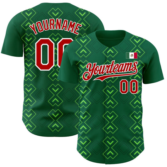 Custom Kelly Green Red-White 3D Mexico Mexican Flag Authentic Baseball Jersey - Main View