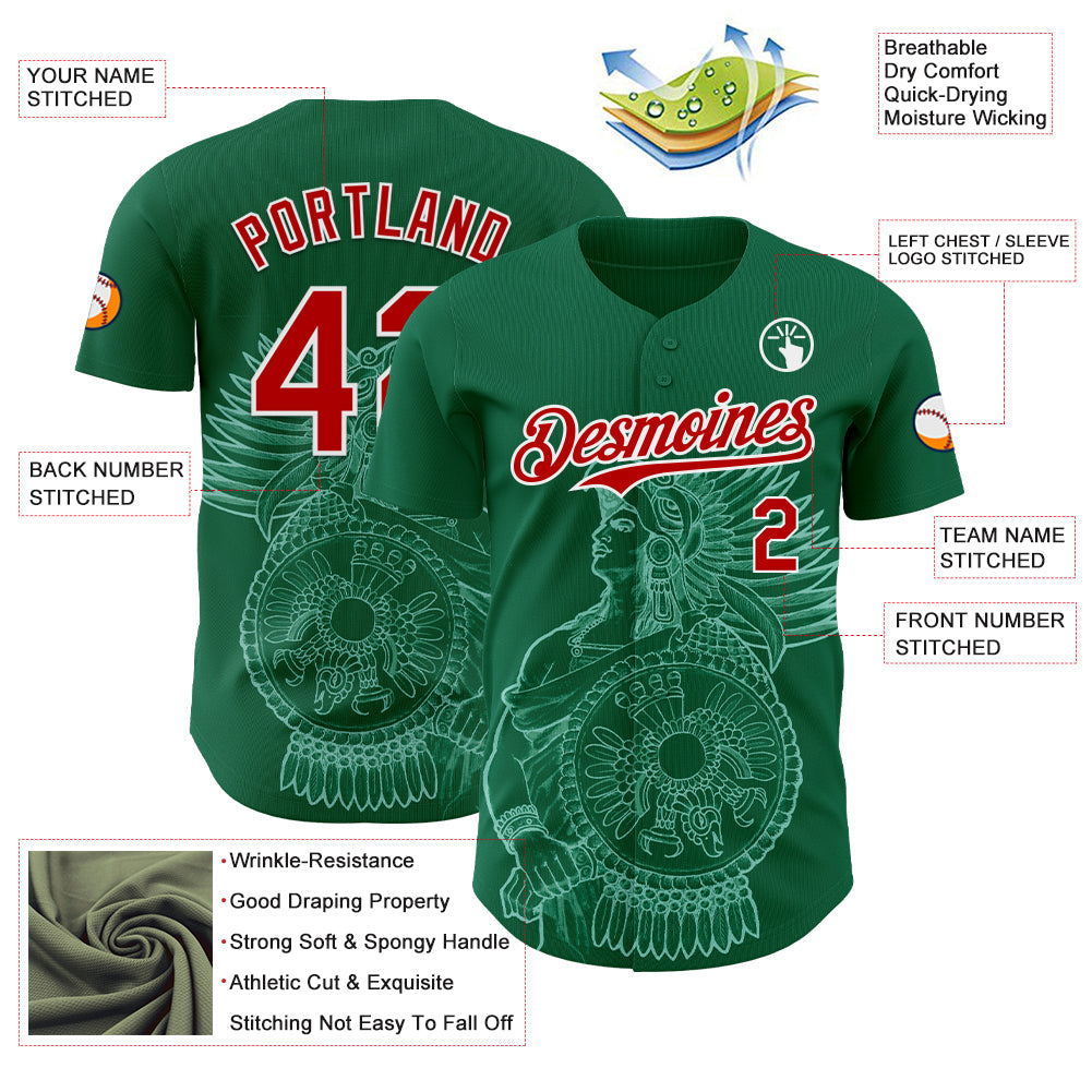 Custom Kelly Green Red-White 3D Mexico Mexican Flag Authentic Baseball Jersey view 3