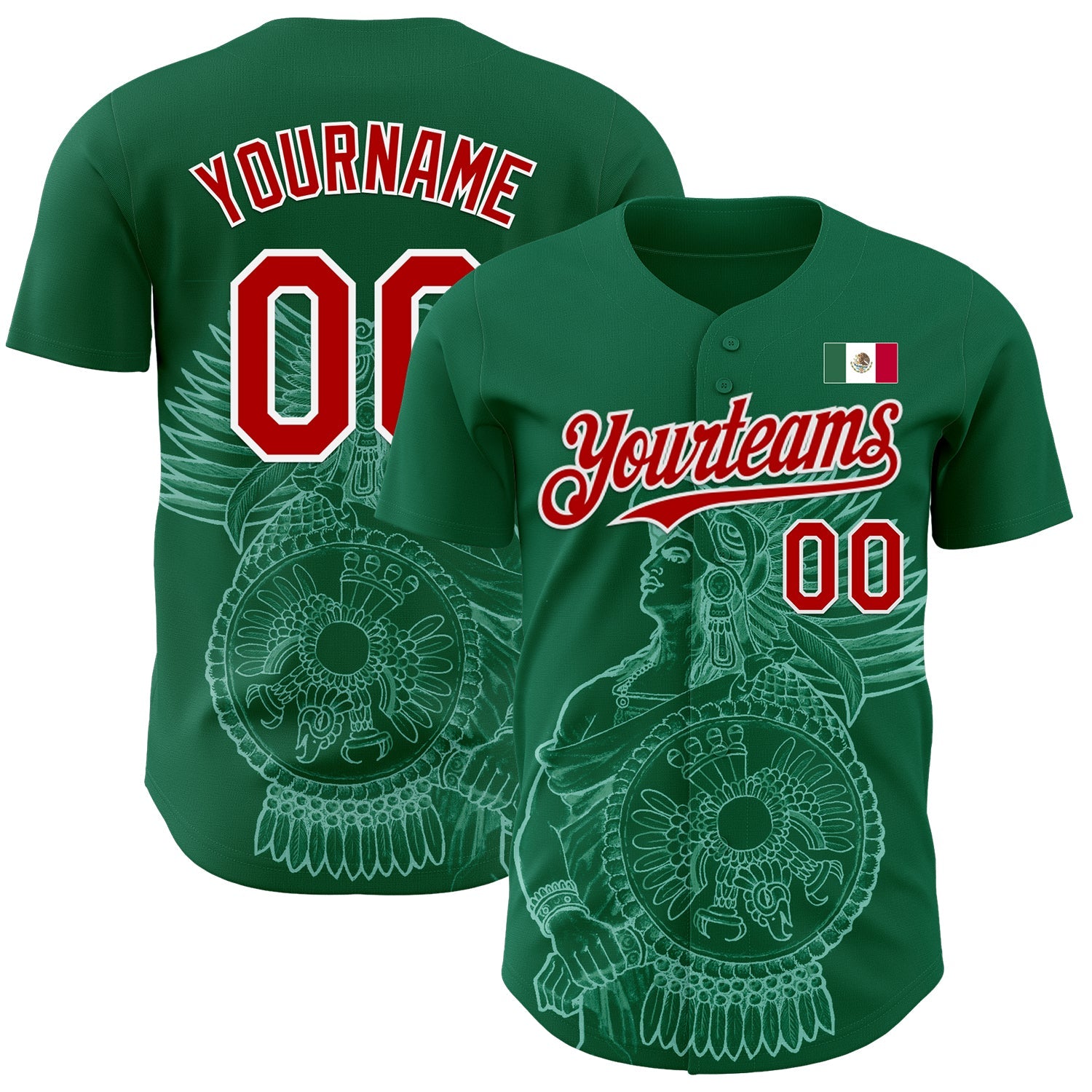 Custom Kelly Green Red-White 3D Mexico Mexican Flag Authentic Baseball Jersey - Main View