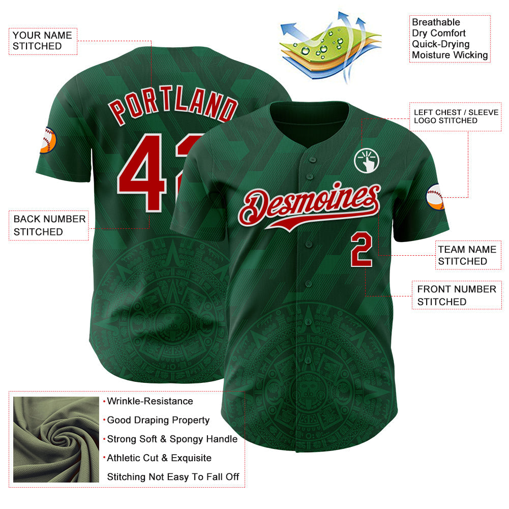 Custom Kelly Green Red-White 3D Mexico Authentic Baseball Jersey view 3