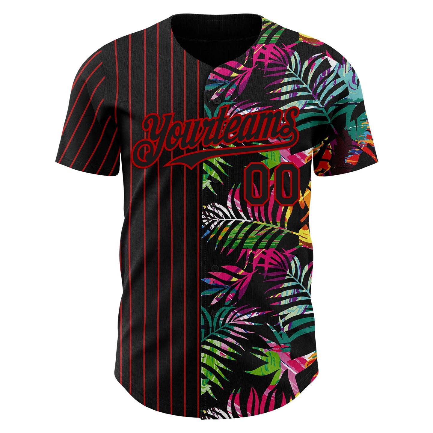 Custom Black Red 3D Pattern Design Pinstripe Tropical Palm Leaves Authentic Baseball Jersey view 2