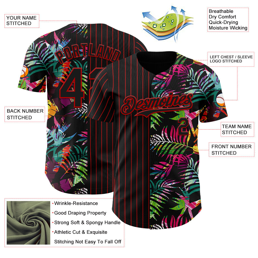 Custom Black Red 3D Pattern Design Pinstripe Tropical Palm Leaves Authentic Baseball Jersey view 3