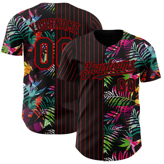 Custom Black Red 3D Pattern Design Pinstripe Tropical Palm Leaves Authentic Baseball Jersey - Main View