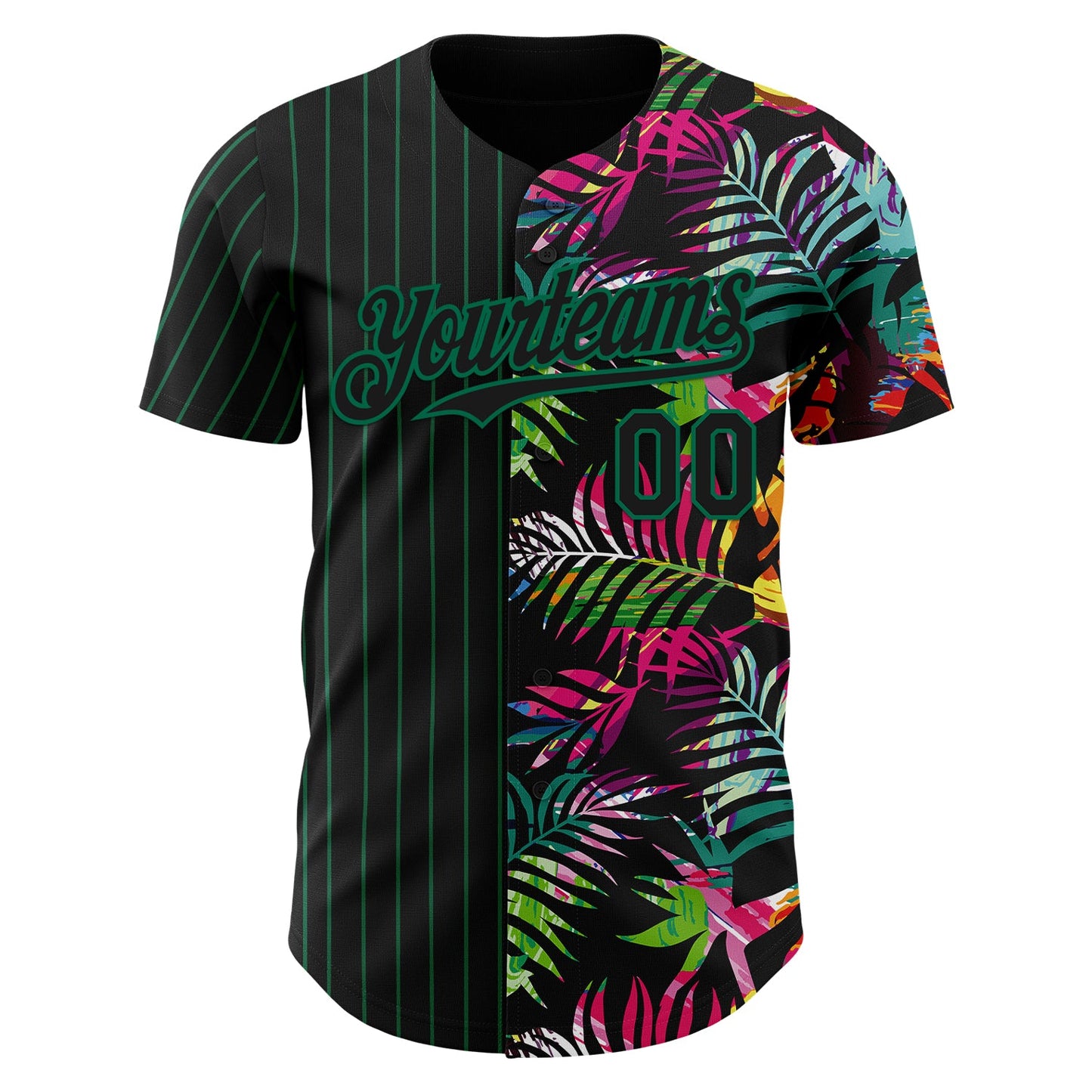 Custom Black Kelly Green 3D Pattern Design Pinstripe Tropical Palm Leaves Authentic Baseball Jersey view 2