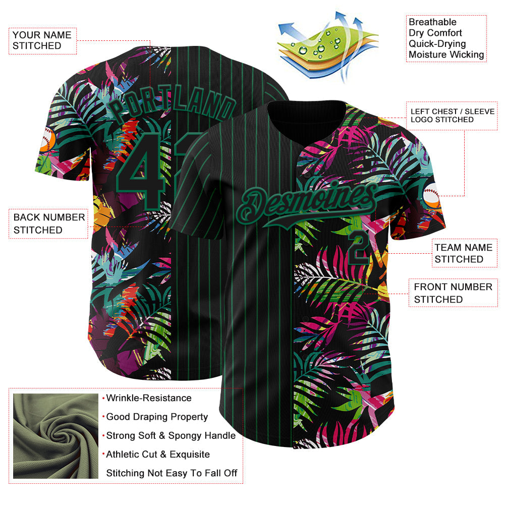 Custom Black Kelly Green 3D Pattern Design Pinstripe Tropical Palm Leaves Authentic Baseball Jersey view 3
