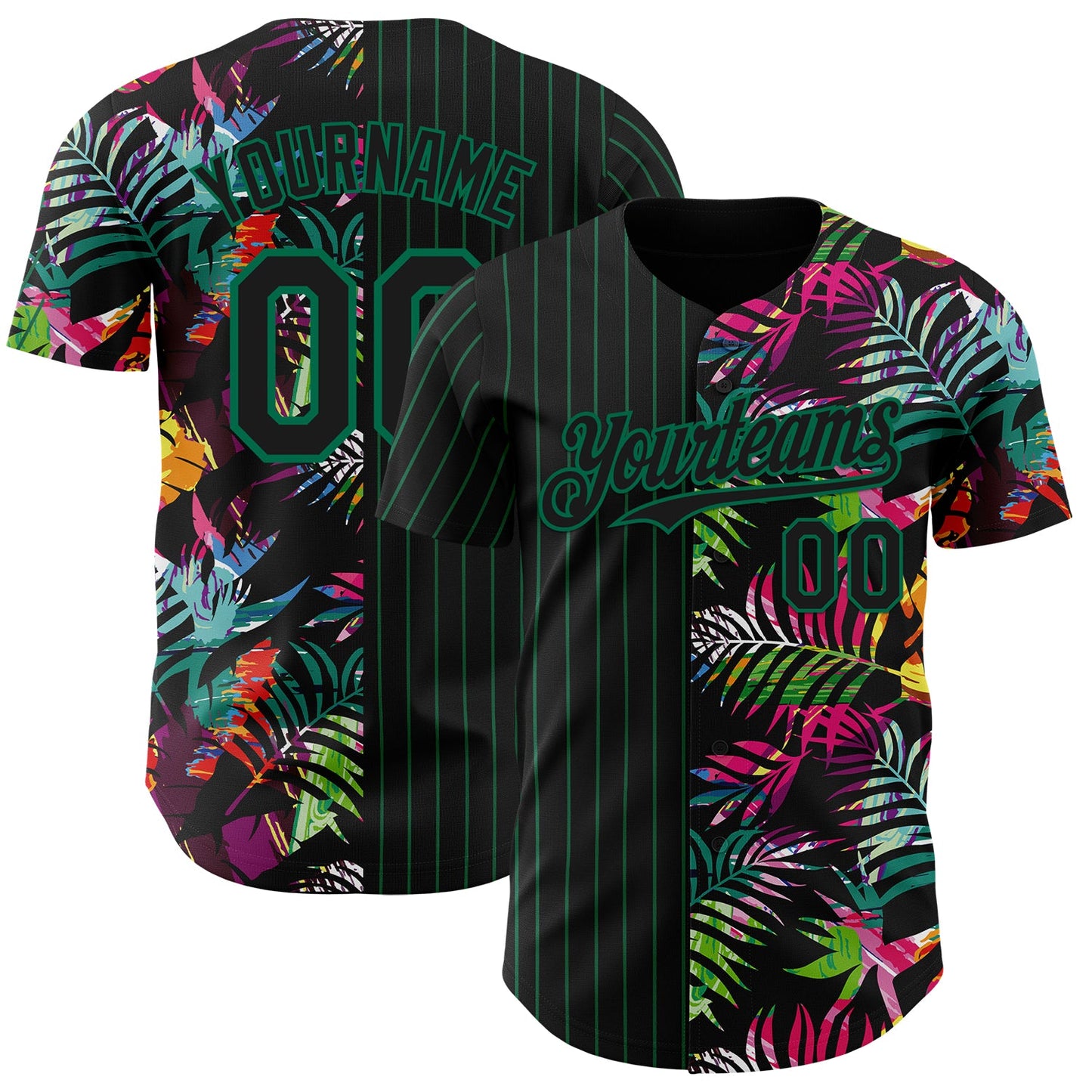 Custom Black Kelly Green 3D Pattern Design Pinstripe Tropical Palm Leaves Authentic Baseball Jersey - Main View