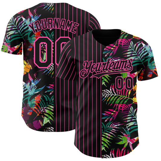 Custom Black Pink 3D Pattern Design Pinstripe Tropical Palm Leaves Authentic Baseball Jersey - Main View