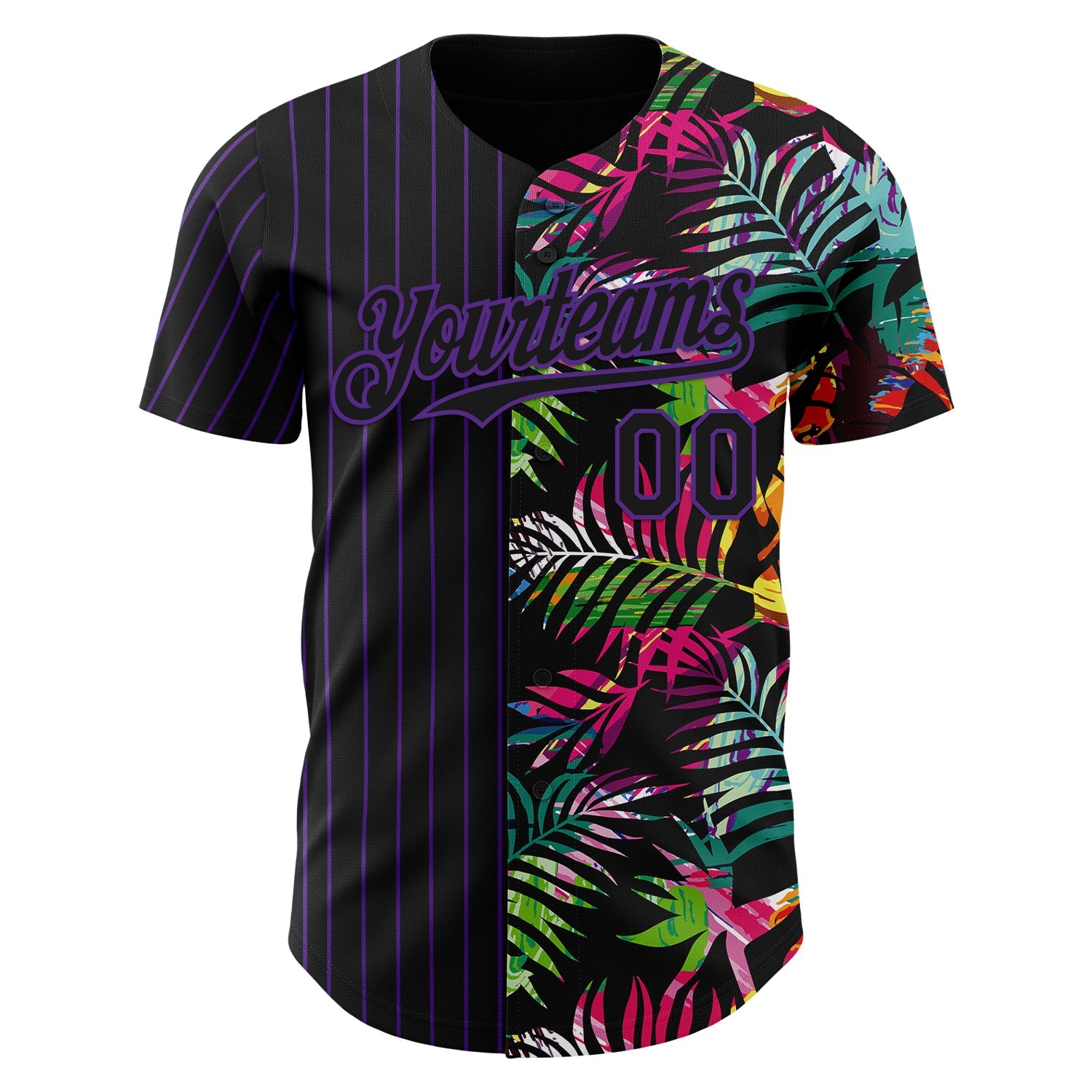 Custom Black Purple 3D Pattern Design Pinstripe Tropical Palm Leaves Authentic Baseball Jersey view 2
