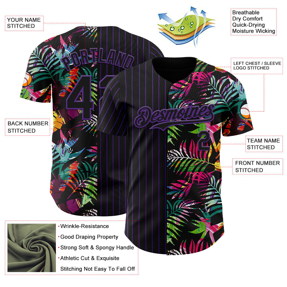 Custom Black Purple 3D Pattern Design Pinstripe Tropical Palm Leaves Authentic Baseball Jersey view 3