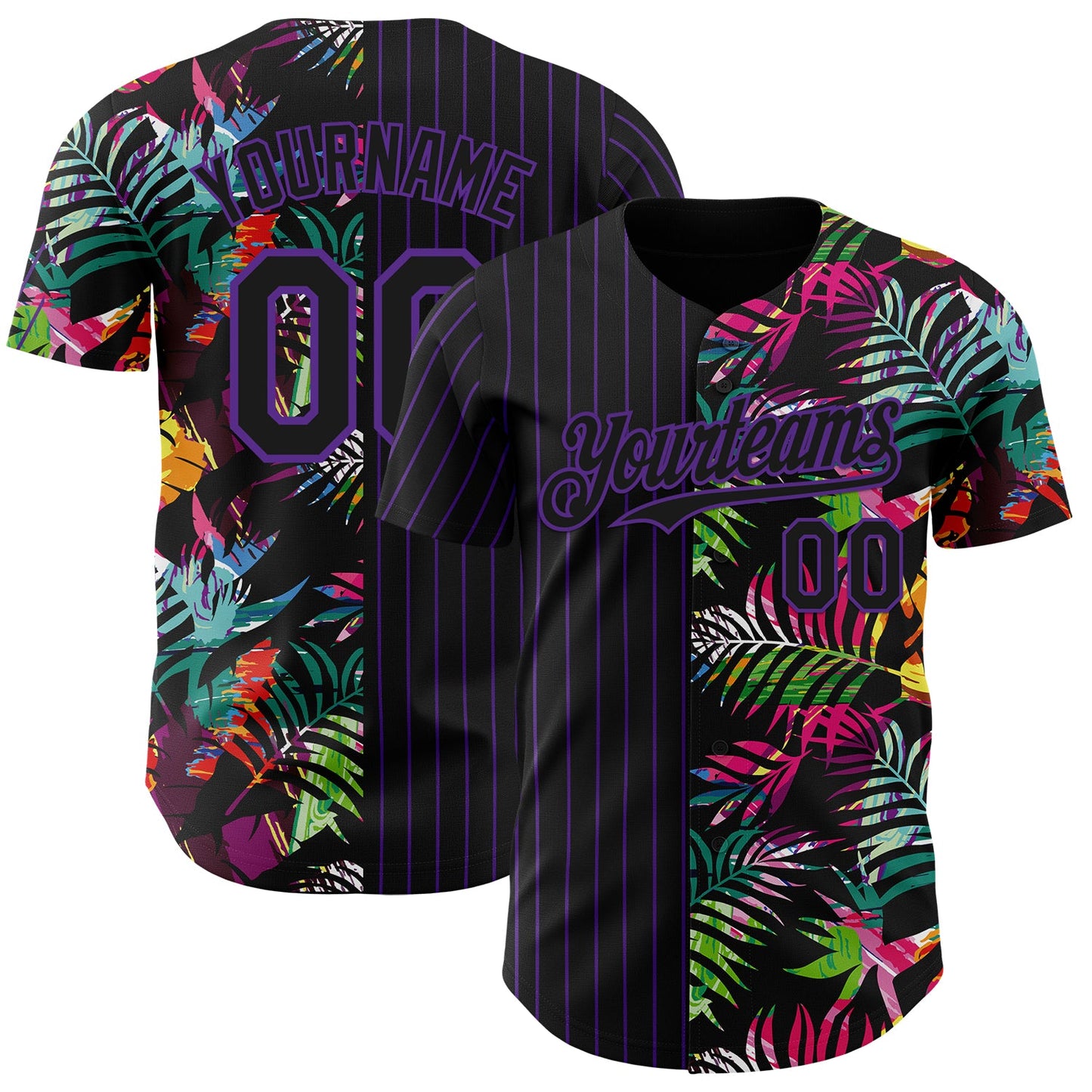 Custom Black Purple 3D Pattern Design Pinstripe Tropical Palm Leaves Authentic Baseball Jersey - Main View