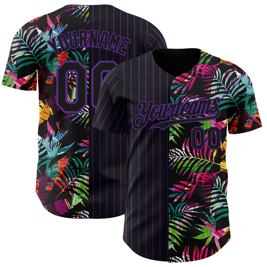Custom Black Purple 3D Pattern Design Pinstripe Tropical Palm Leaves Authentic Baseball Jersey - Main View