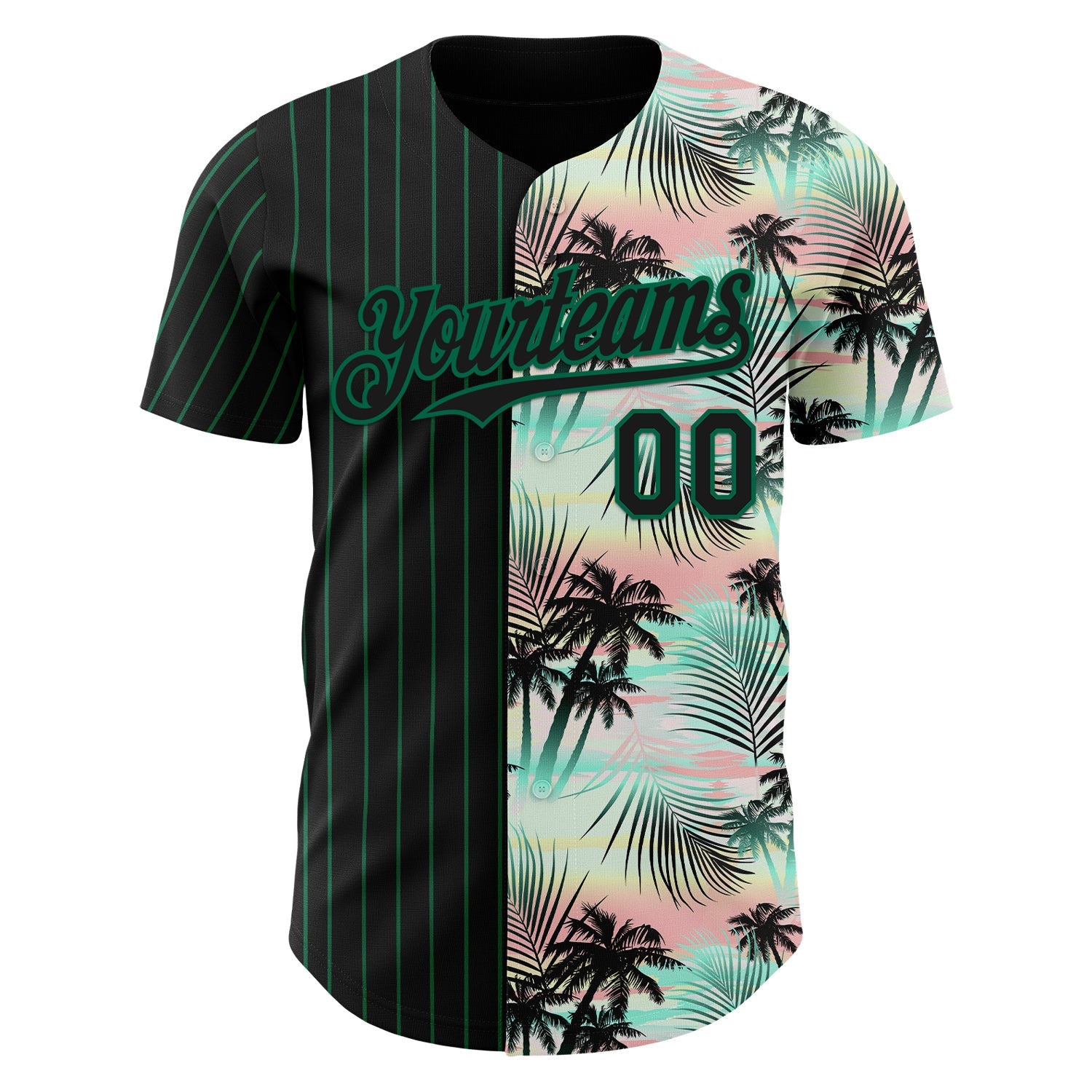 Custom Black Kelly Green 3D Pattern Design Pinstripe Tropical Palm Leaves Authentic Baseball Jersey view 2