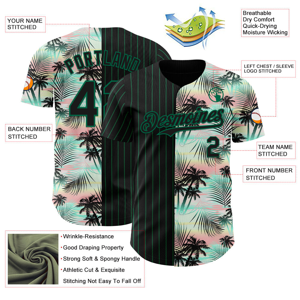Custom Black Kelly Green 3D Pattern Design Pinstripe Tropical Palm Leaves Authentic Baseball Jersey view 3