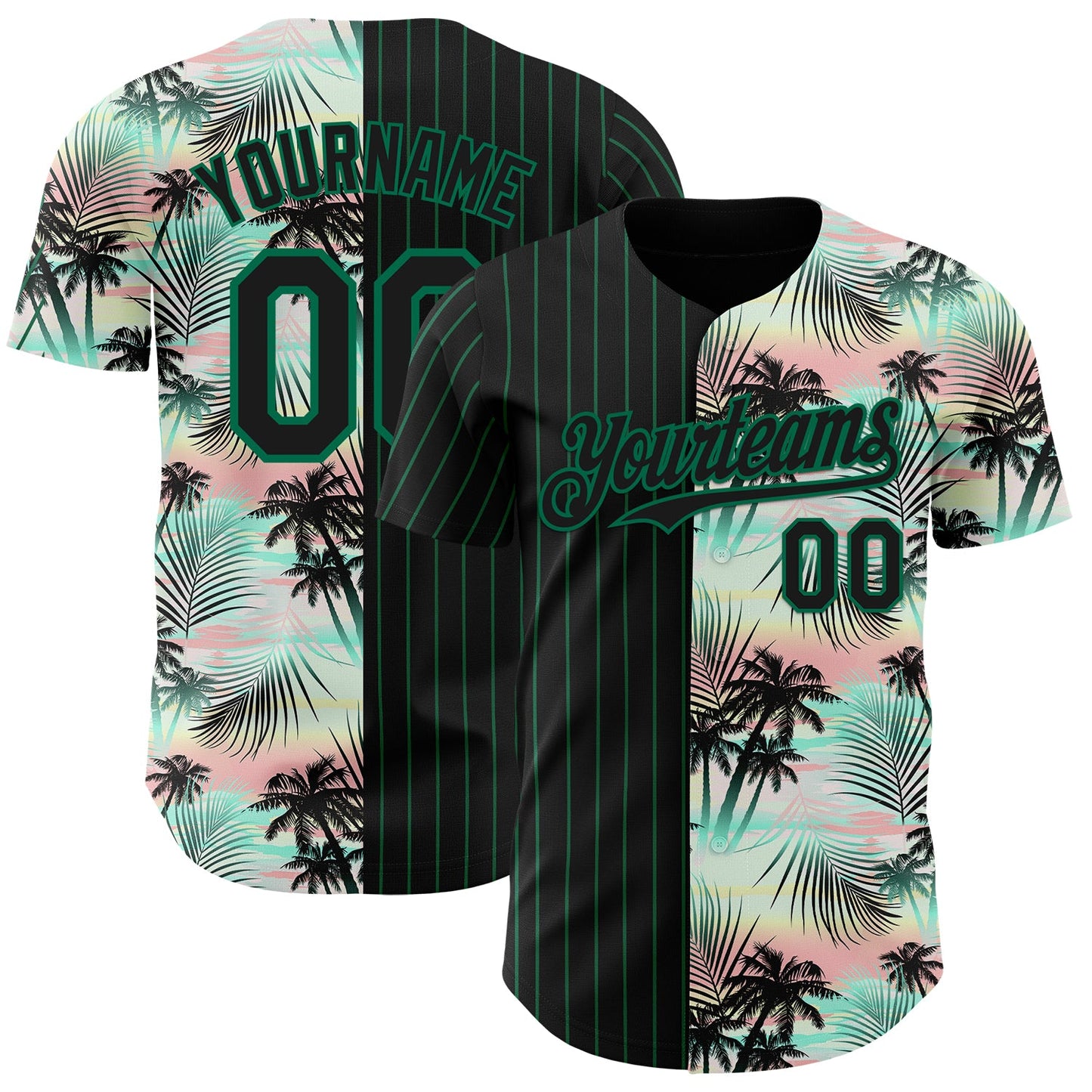 Custom Black Kelly Green 3D Pattern Design Pinstripe Tropical Palm Leaves Authentic Baseball Jersey - Main View