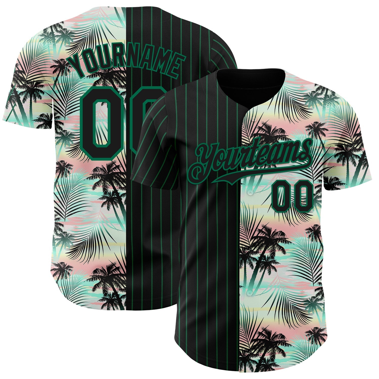 Custom Black Kelly Green 3D Pattern Design Pinstripe Tropical Palm Leaves Authentic Baseball Jersey - Main View