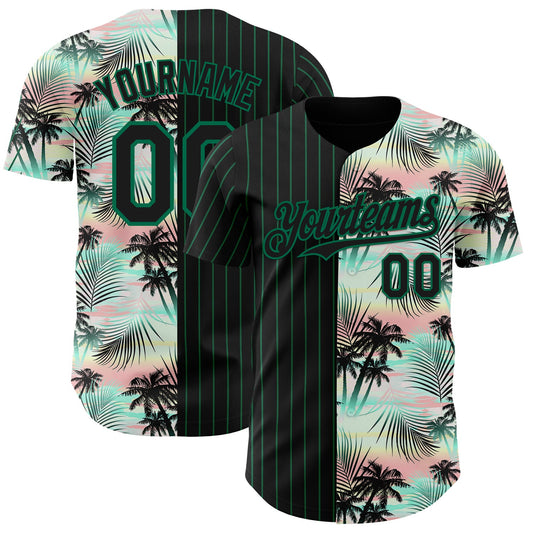 Custom Black Kelly Green 3D Pattern Design Pinstripe Tropical Palm Leaves Authentic Baseball Jersey - Main View