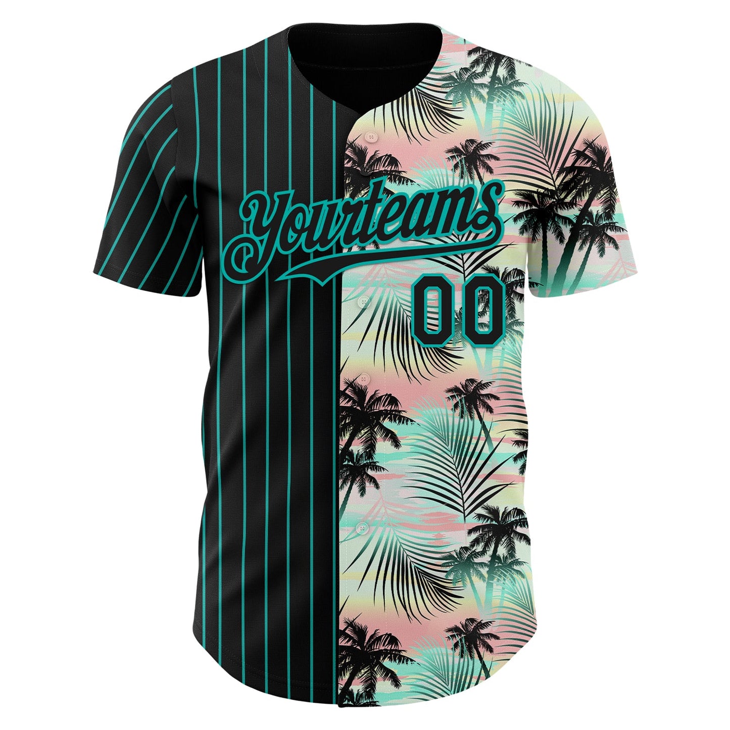Custom Black Aqua 3D Pattern Design Pinstripe Tropical Palm Leaves Authentic Baseball Jersey view 2