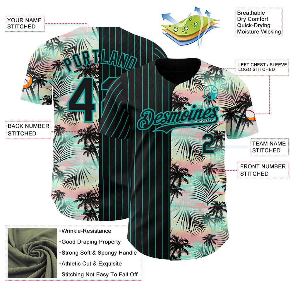 Custom Black Aqua 3D Pattern Design Pinstripe Tropical Palm Leaves Authentic Baseball Jersey view 3