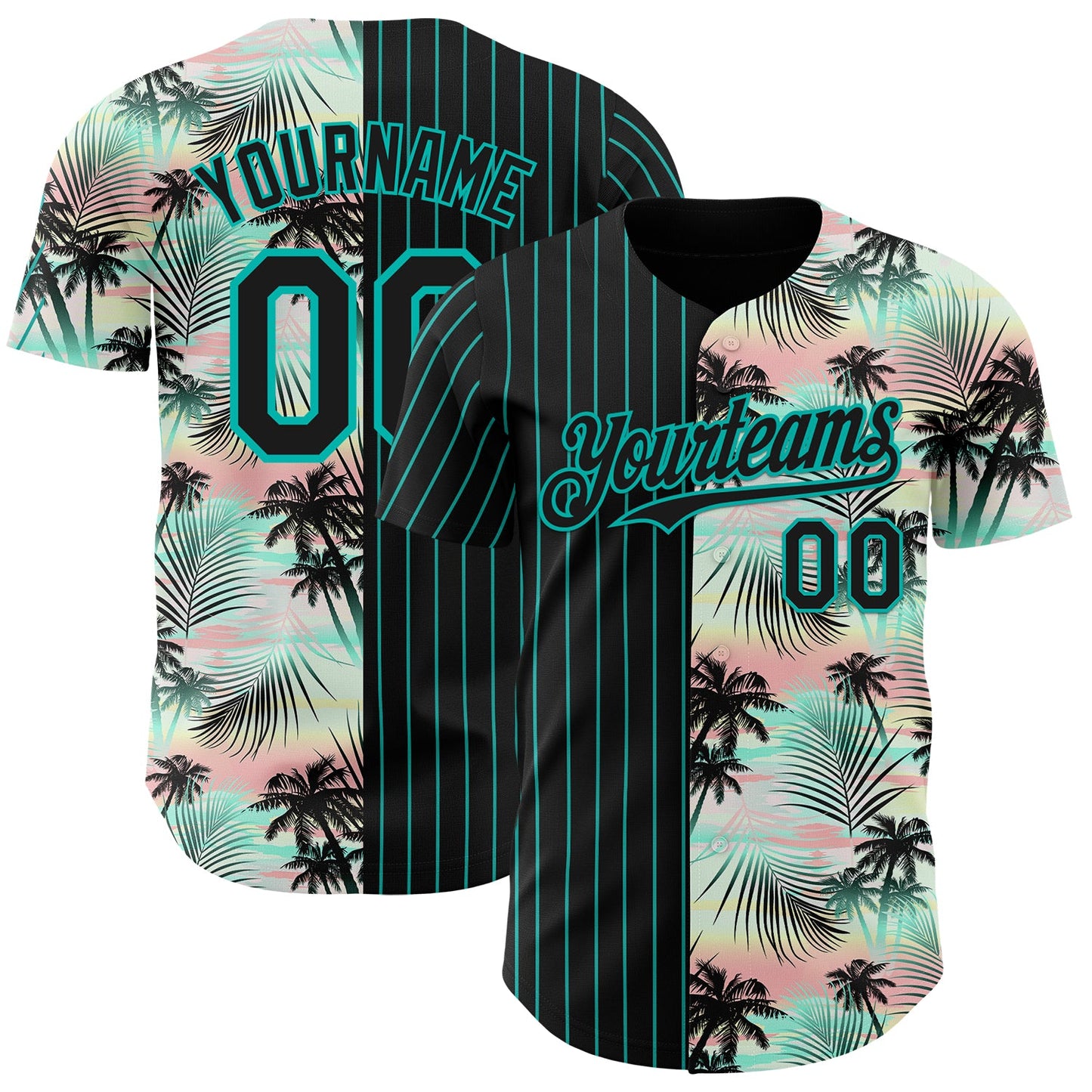 Custom Black Aqua 3D Pattern Design Pinstripe Tropical Palm Leaves Authentic Baseball Jersey - Main View