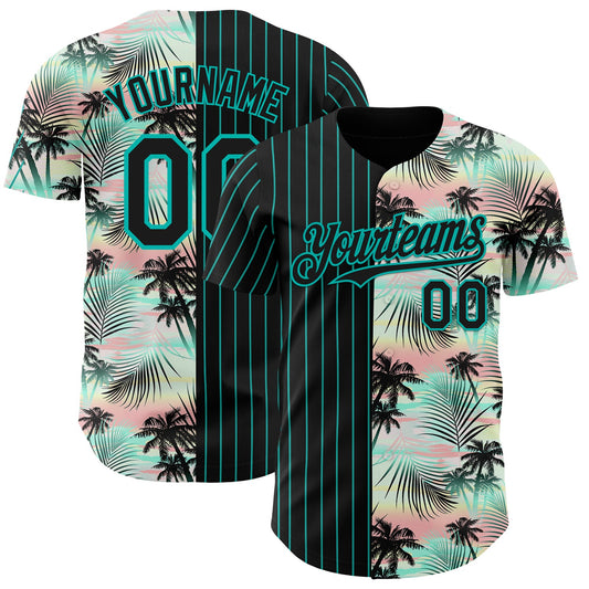 Custom Black Aqua 3D Pattern Design Pinstripe Tropical Palm Leaves Authentic Baseball Jersey - Main View