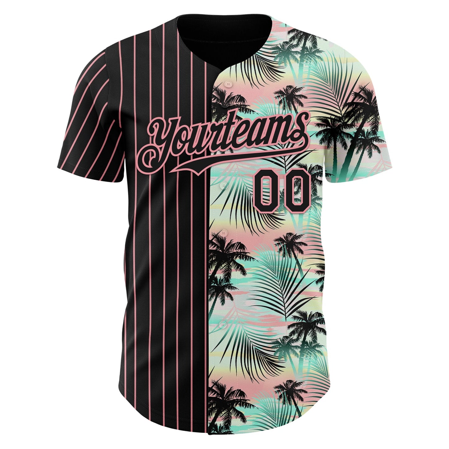 Custom Black Medium Pink 3D Pattern Design Pinstripe Tropical Palm Leaves Authentic Baseball Jersey view 2