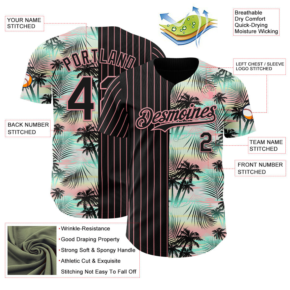 Custom Black Medium Pink 3D Pattern Design Pinstripe Tropical Palm Leaves Authentic Baseball Jersey view 3