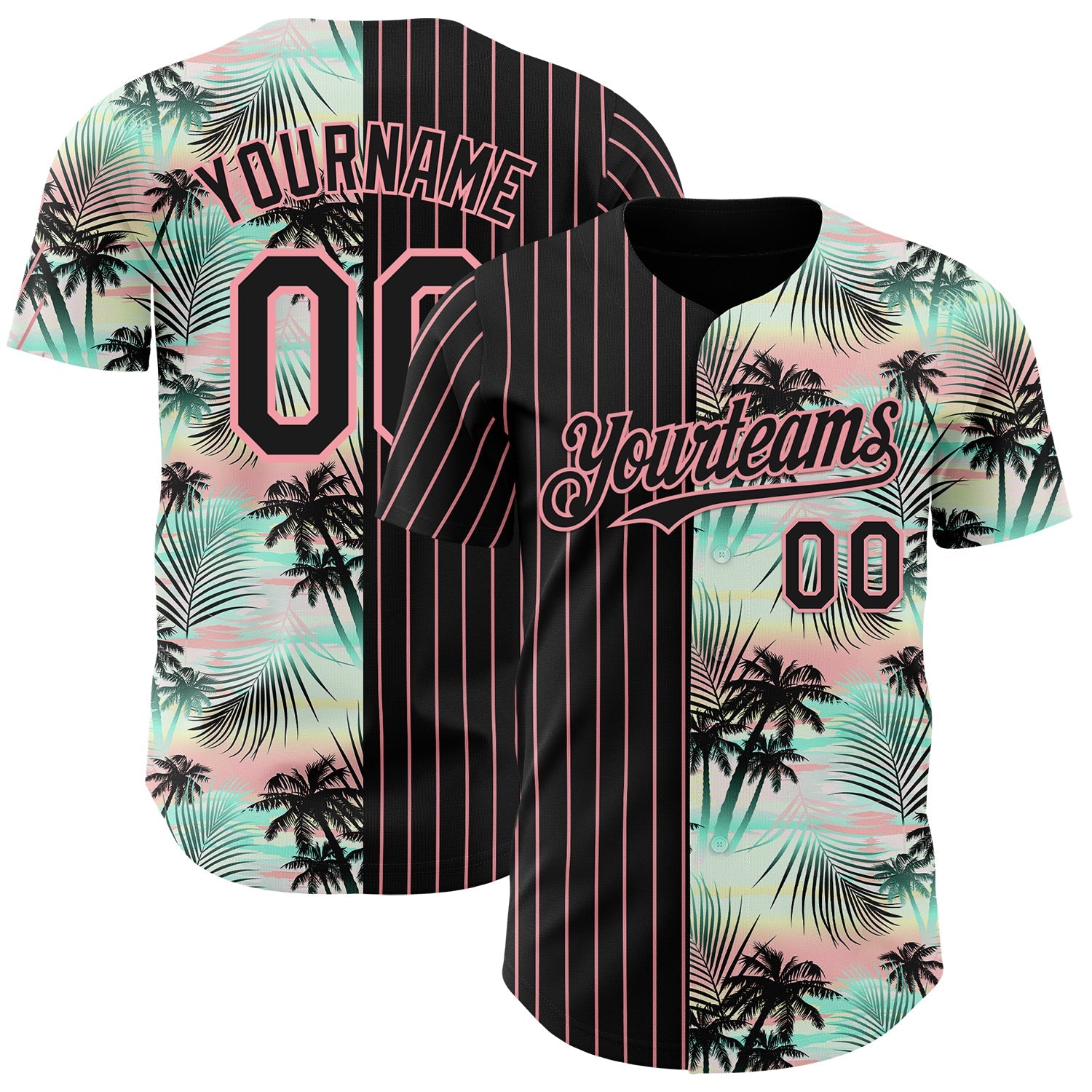 Custom Black Medium Pink 3D Pattern Design Pinstripe Tropical Palm Leaves Authentic Baseball Jersey - Main View