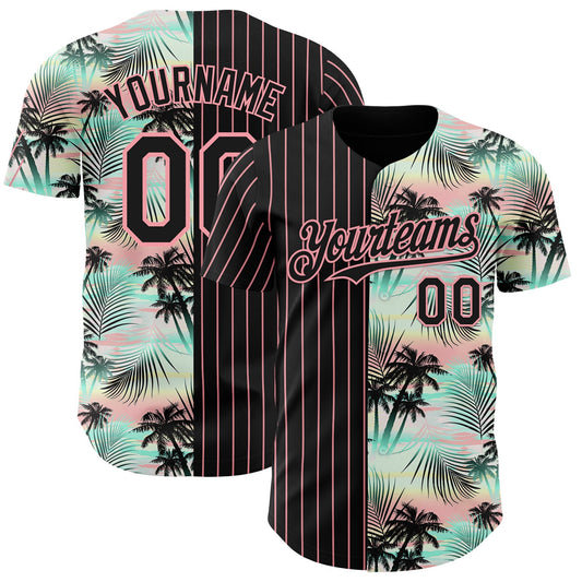 Custom Black Medium Pink 3D Pattern Design Pinstripe Tropical Palm Leaves Authentic Baseball Jersey - Main View