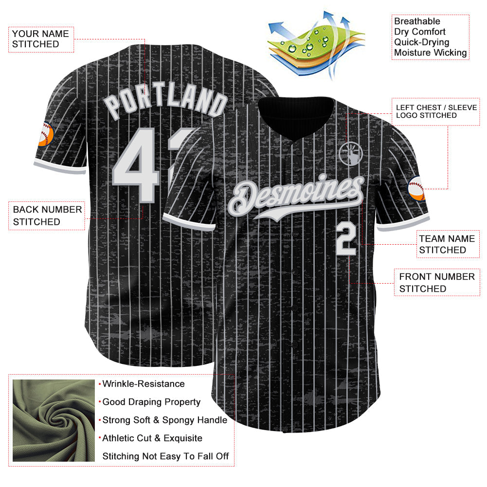 Custom Black Gray Pinstripe White 3D Pattern Design Fragment Art Authentic Baseball Jersey view 3