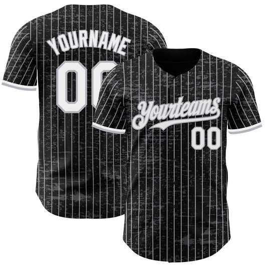 Custom Black Gray Pinstripe White 3D Pattern Design Fragment Art Authentic Baseball Jersey - Main View