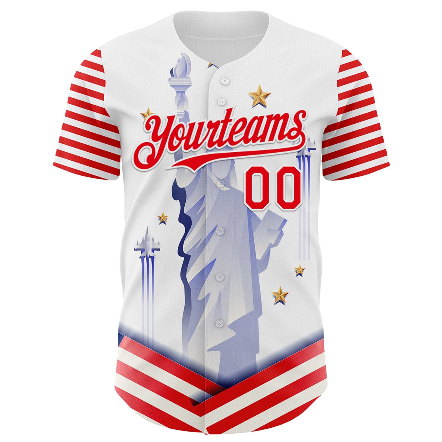 Custom White Fire Red 3D Patriotic American Flag And Statue of Liberty Authentic Baseball Jersey view 2