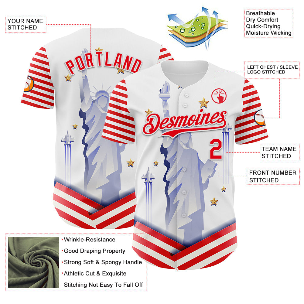 Custom White Fire Red 3D Patriotic American Flag And Statue of Liberty Authentic Baseball Jersey view 3