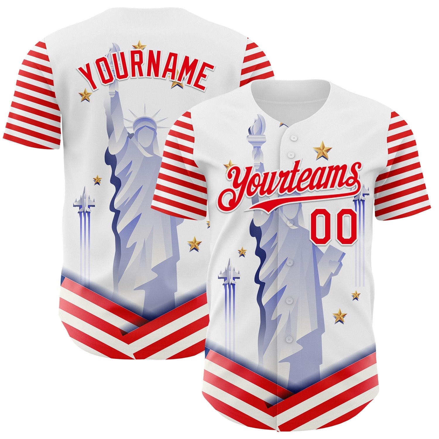 Custom White Fire Red 3D Patriotic American Flag And Statue of Liberty Authentic Baseball Jersey - Main View